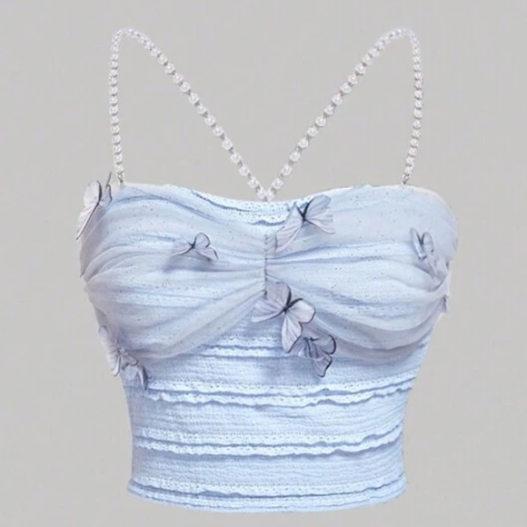 Plus Size Blue Butterfly Decorated Mesh & Faux Pearl Chain Cross Back Zipper Top - Picture 1 of 4